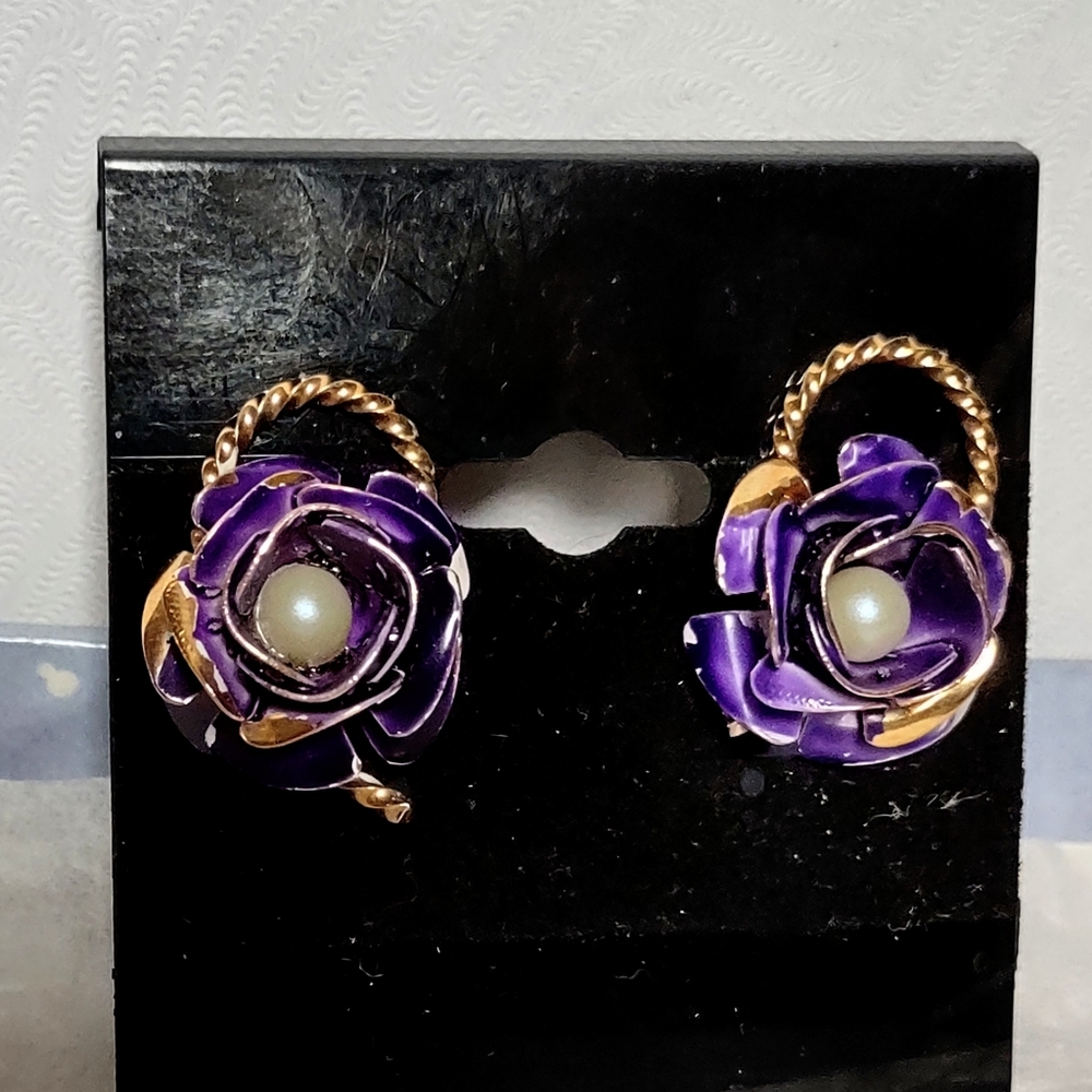 Purple Rosette Clip Vintage Earrings